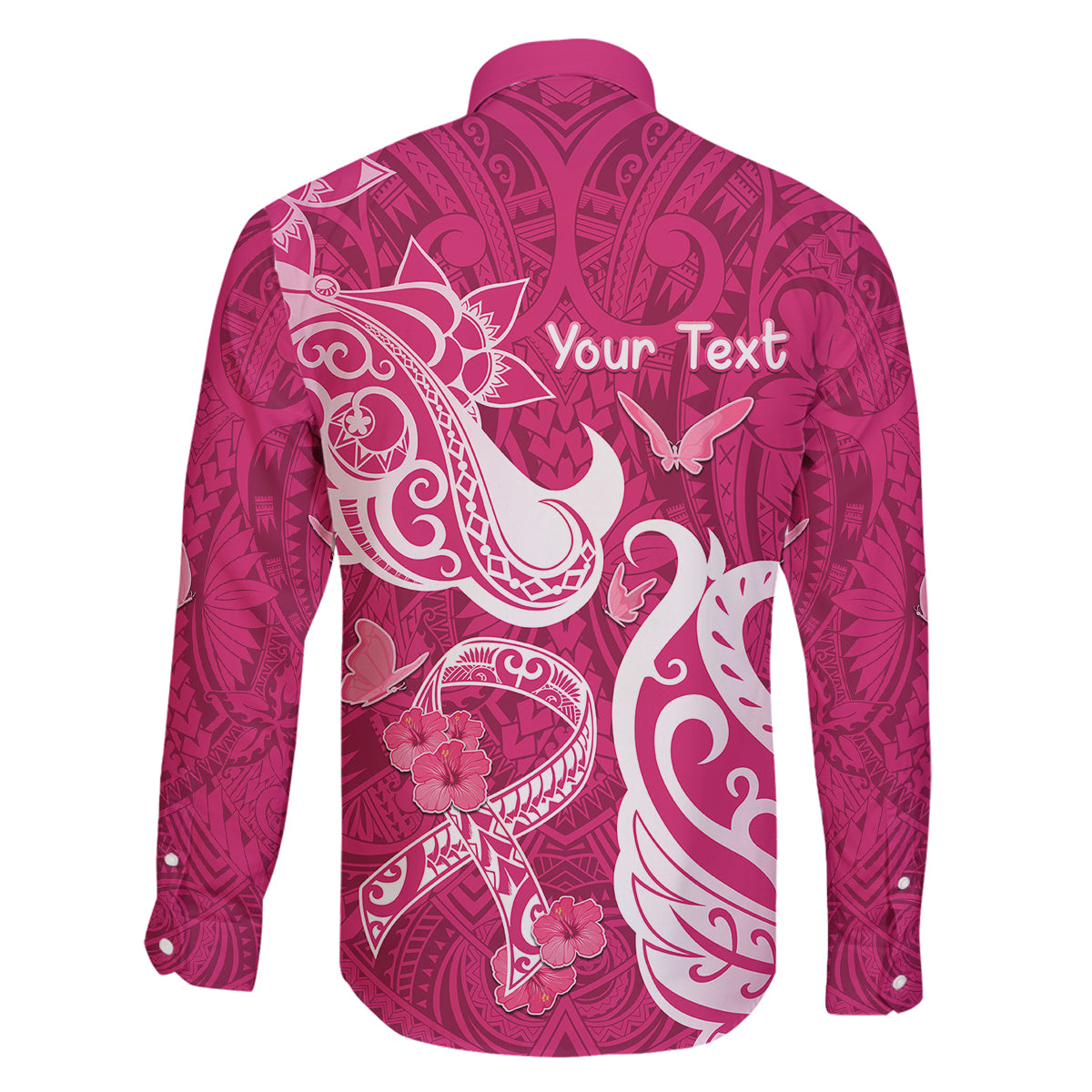 Personalized Breast Cancer Awareness Family Matching Off Shoulder Long Sleeve Dress and Hawaiian Shirt Ribbon Polynesian Pattern Pink Version LT05 - Polynesian Pride