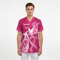 Personalized Breast Cancer Awareness Scrub Top Ribbon Polynesian Pattern Pink Version - Polynesian Pride