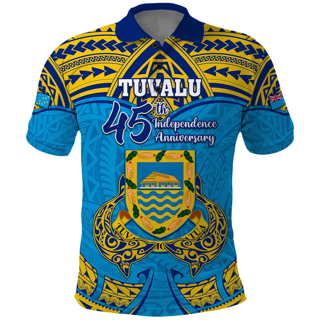 Tuvalu Independence Day Polo Shirt Coat Of Arms With Polynesian Dolphin Tattoo LT05 Blue - Polynesian Pride