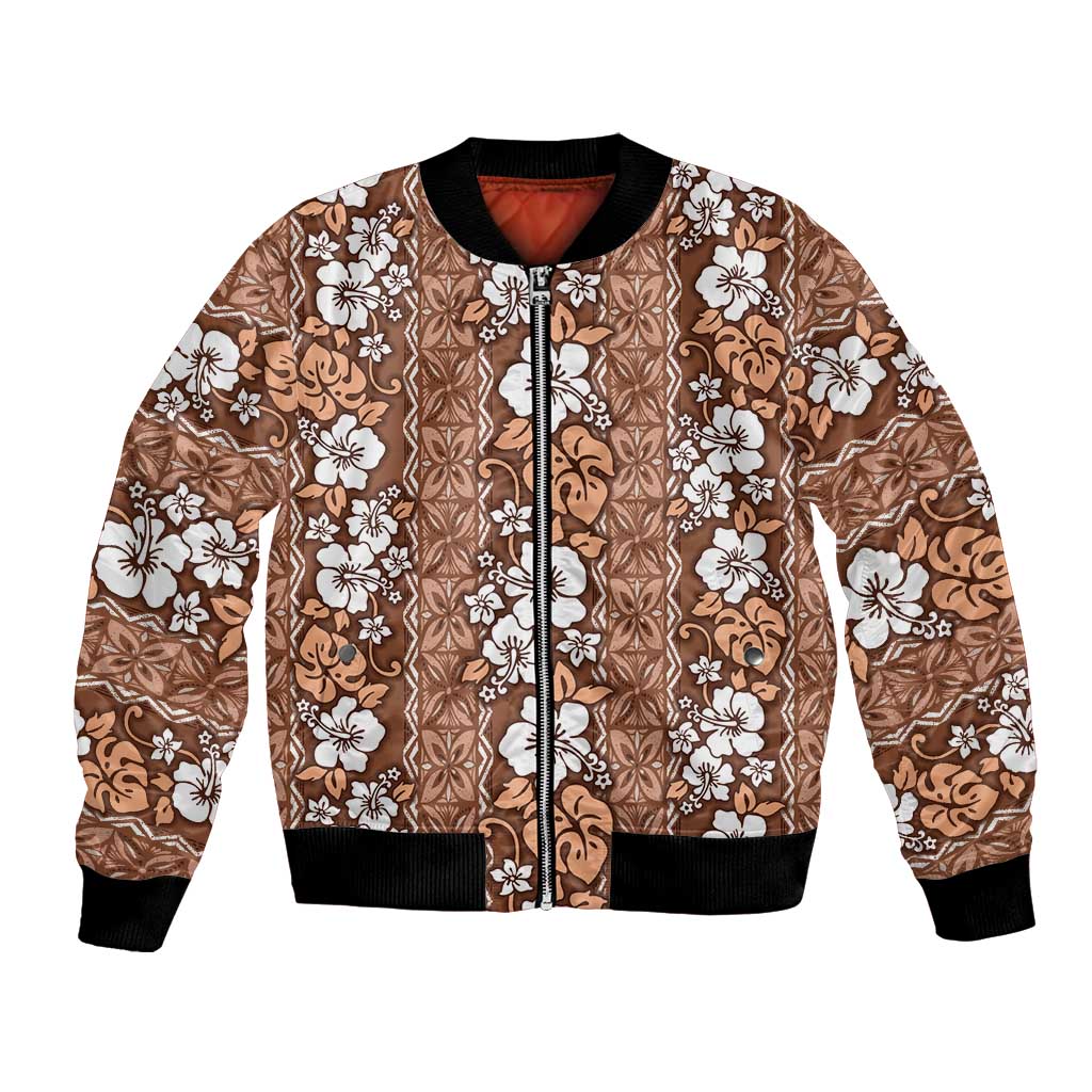 Hawaii Vintage Brown Hibiscus Tapa Pattern Bomber Jacket LT05 Unisex Brown - Polynesian Pride