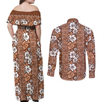 Hawaii Vintage Brown Hibiscus Tapa Pattern Couples Matching Off Shoulder Maxi Dress and Long Sleeve Button Shirt
