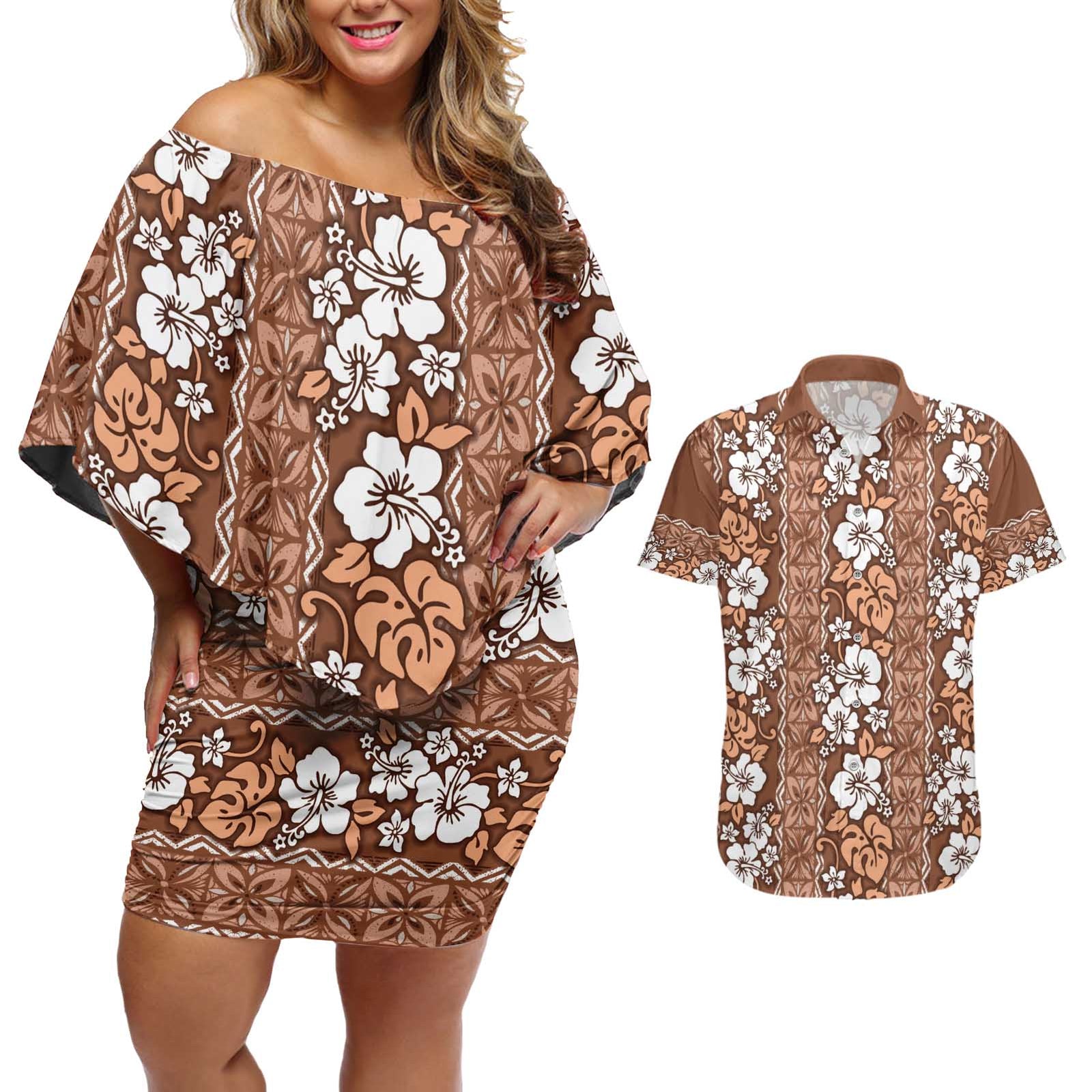 Hawaii Vintage Brown Hibiscus Tapa Pattern Couples Matching Off Shoulder Short Dress and Hawaiian Shirt LT05 Brown - Polynesian Pride