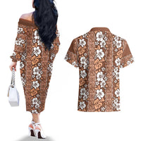Hawaii Vintage Brown Hibiscus Tapa Pattern Couples Matching Off The Shoulder Long Sleeve Dress and Hawaiian Shirt