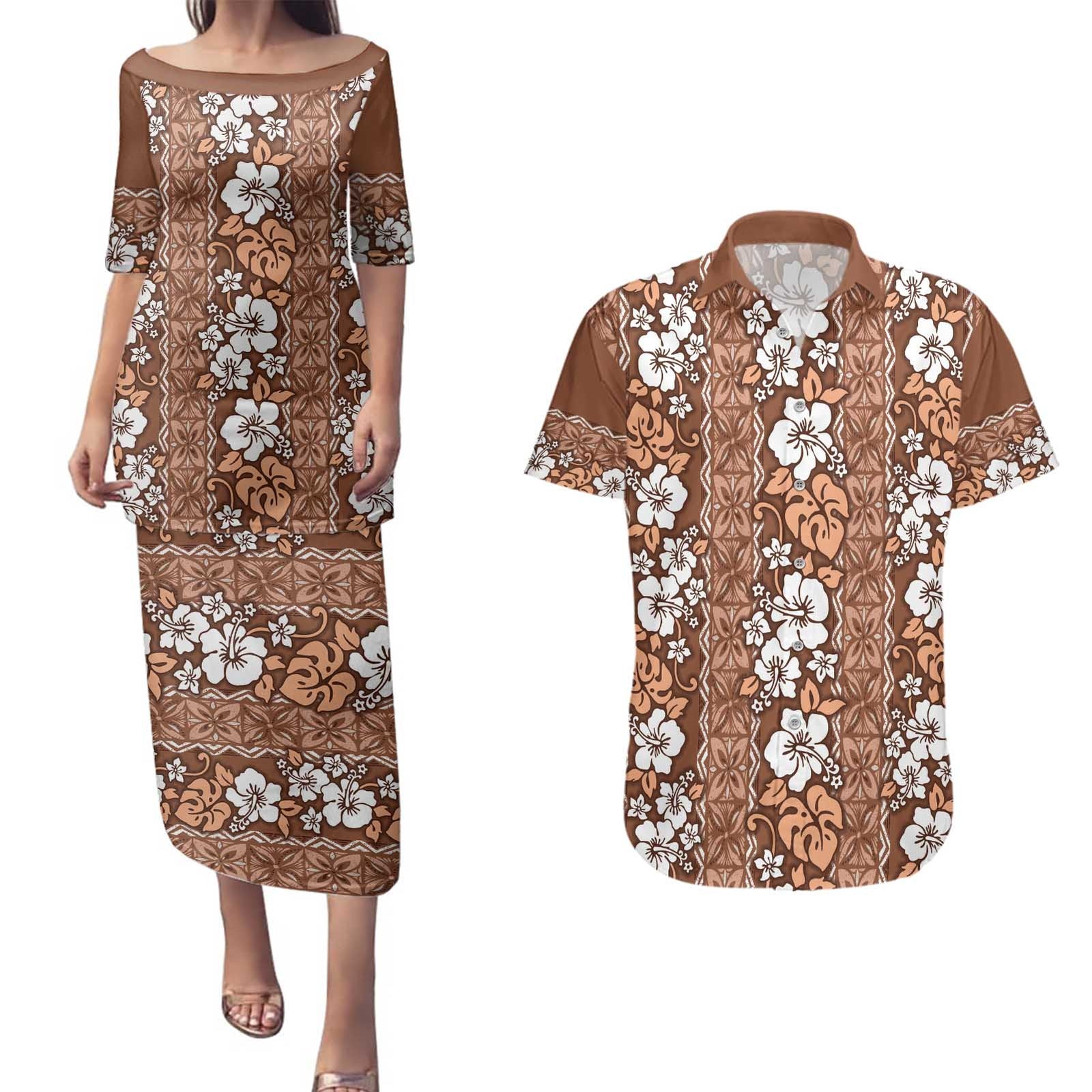 Hawaii Vintage Brown Hibiscus Tapa Pattern Couples Matching Puletasi and Hawaiian Shirt LT05 Brown - Polynesian Pride