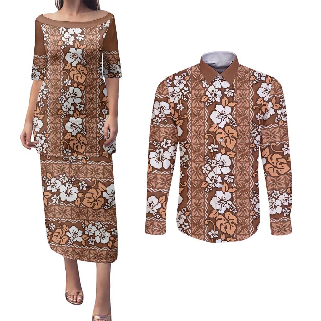 Hawaii Vintage Brown Hibiscus Tapa Pattern Couples Matching Puletasi and Long Sleeve Button Shirt LT05 Brown - Polynesian Pride