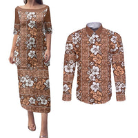 Hawaii Vintage Brown Hibiscus Tapa Pattern Couples Matching Puletasi and Long Sleeve Button Shirt
