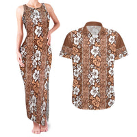 Hawaii Vintage Brown Hibiscus Tapa Pattern Couples Matching Tank Maxi Dress and Hawaiian Shirt