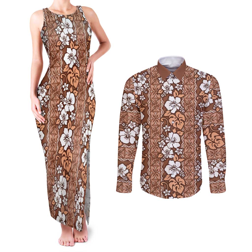 Hawaii Vintage Brown Hibiscus Tapa Pattern Couples Matching Tank Maxi Dress and Long Sleeve Button Shirt LT05 Brown - Polynesian Pride