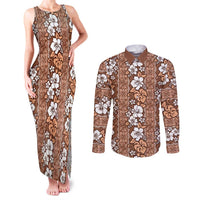 Hawaii Vintage Brown Hibiscus Tapa Pattern Couples Matching Tank Maxi Dress and Long Sleeve Button Shirt