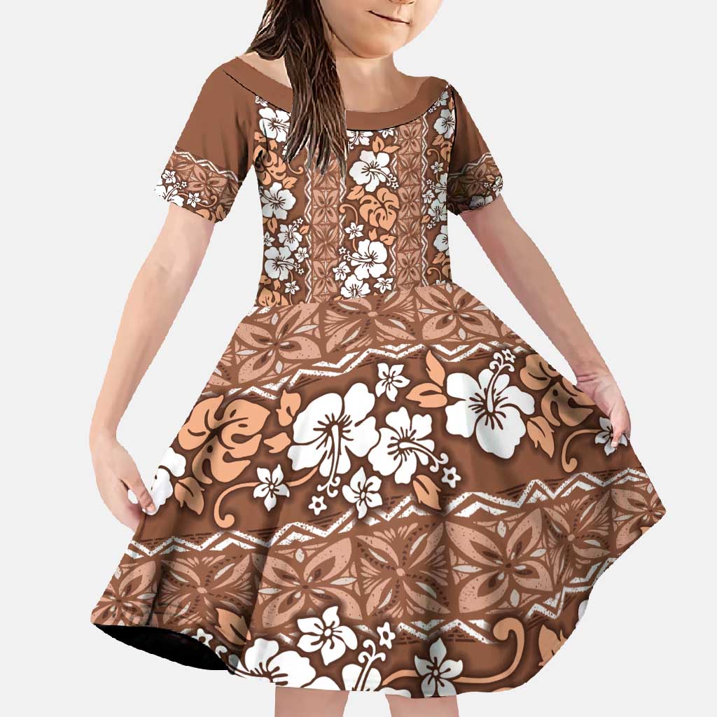 Hawaii Vintage Brown Hibiscus Tapa Pattern Family Matching Long Sleeve Bodycon Dress and Hawaiian Shirt