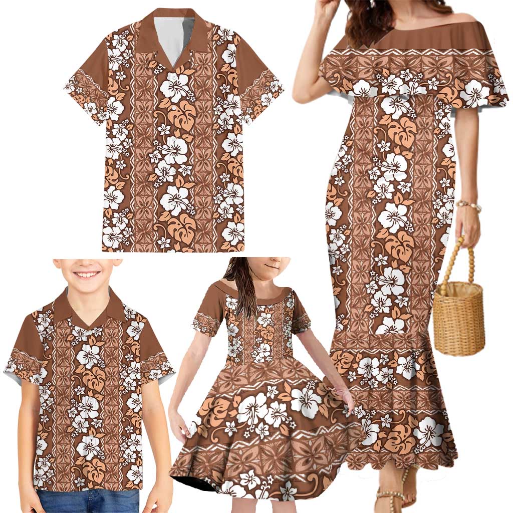 Hawaii Vintage Brown Hibiscus Tapa Pattern Family Matching Mermaid Dress and Hawaiian Shirt LT05 - Polynesian Pride