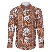Hawaii Vintage Brown Hibiscus Tapa Pattern Family Matching Off The Shoulder Long Sleeve Dress and Hawaiian Shirt