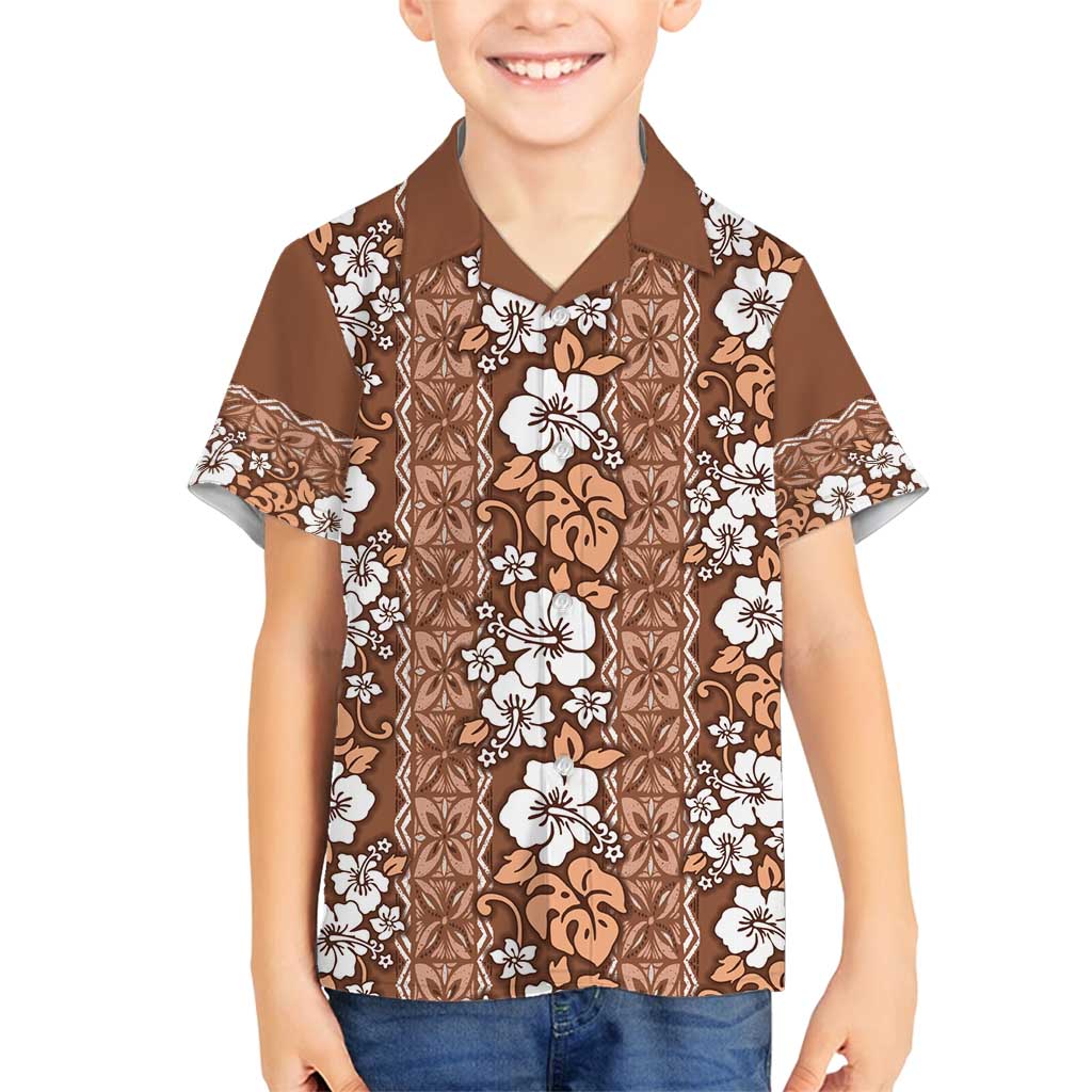 Hawaii Vintage Brown Hibiscus Tapa Pattern Family Matching Summer Maxi Dress and Hawaiian Shirt