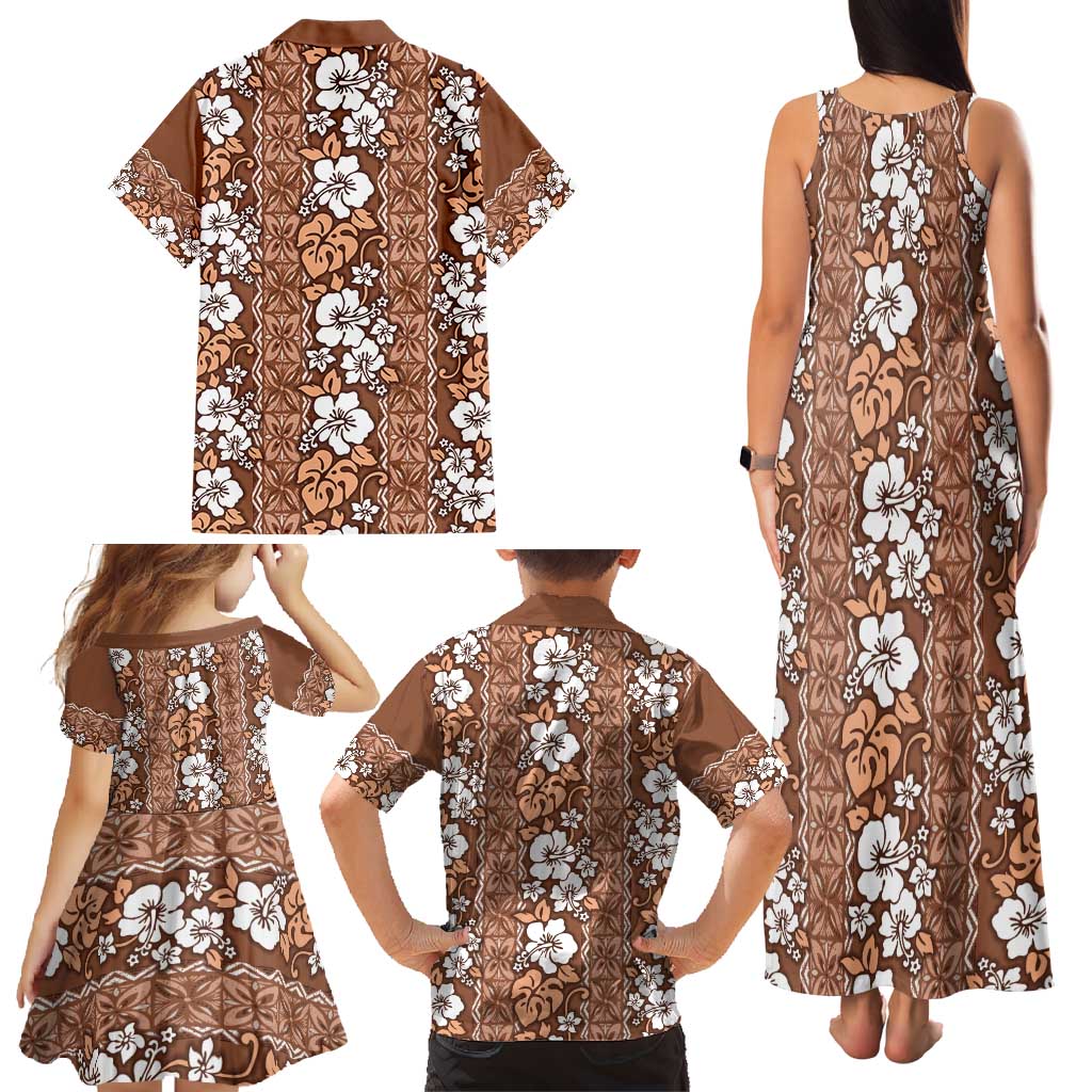 Hawaii Vintage Brown Hibiscus Tapa Pattern Family Matching Tank Maxi Dress and Hawaiian Shirt