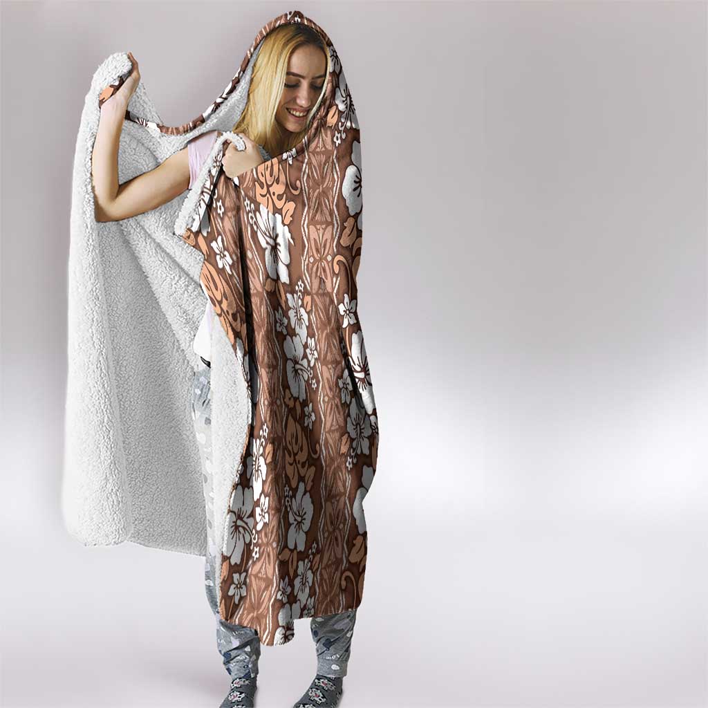 Hawaii Vintage Brown Hibiscus Tapa Pattern Hooded Blanket