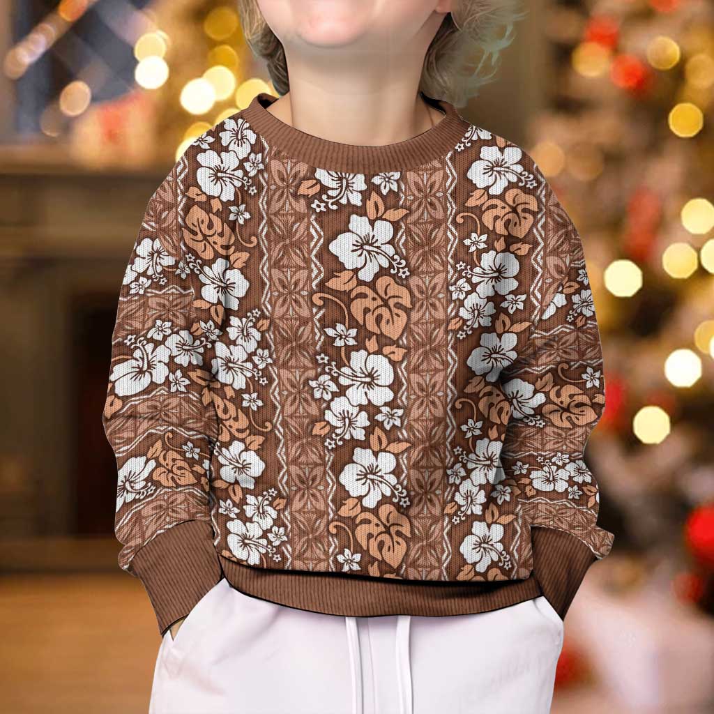 Hawaii Vintage Brown Hibiscus Tapa Pattern Kid Ugly Christmas Sweater