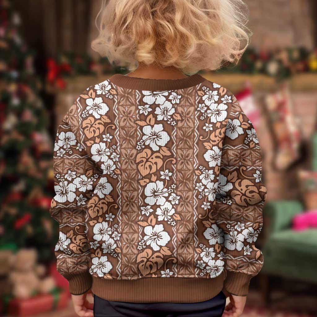 Hawaii Vintage Brown Hibiscus Tapa Pattern Kid Ugly Christmas Sweater
