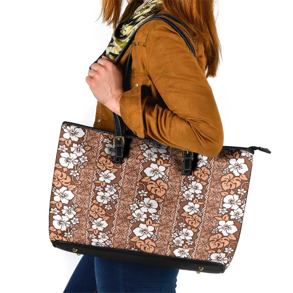 Hawaii Vintage Brown Hibiscus Tapa Pattern Leather Tote Bag LT05 Brown - Polynesian Pride