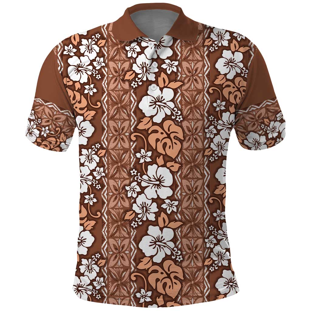 Hawaii Vintage Brown Hibiscus Tapa Pattern Polo Shirt
