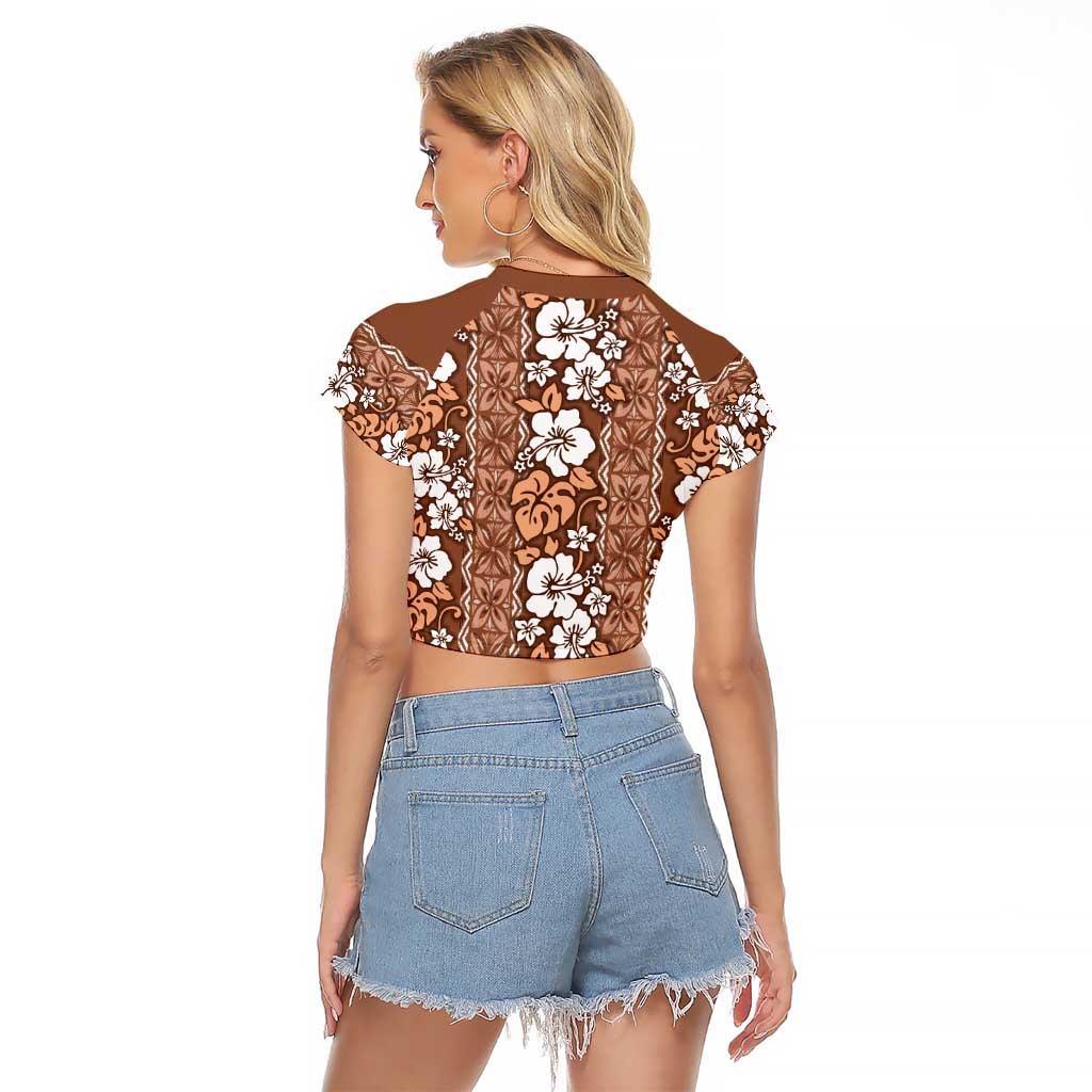 Hawaii Vintage Brown Hibiscus Tapa Pattern Raglan Cropped T Shirt