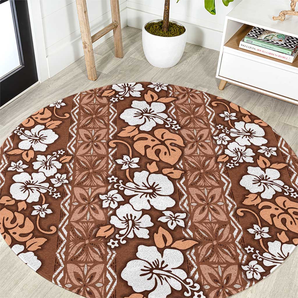 Hawaii Vintage Brown Hibiscus Tapa Pattern Round Carpet LT05 Brown - Polynesian Pride