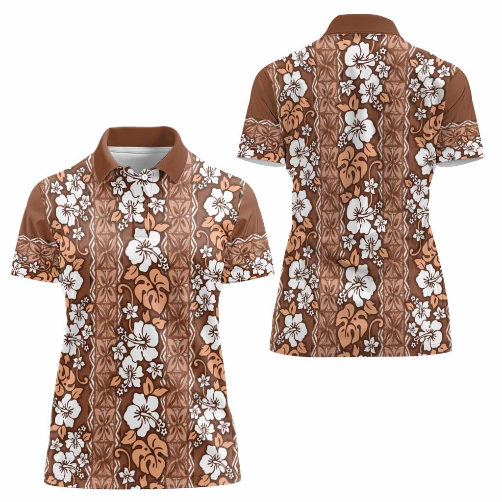 Hawaii Vintage Brown Hibiscus Tapa Pattern Women Polo Shirt