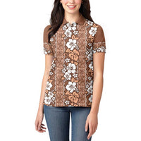 Hawaii Vintage Brown Hibiscus Tapa Pattern Women Polo Shirt
