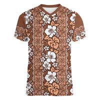 Hawaii Vintage Brown Hibiscus Tapa Pattern Women V-Neck T-Shirt