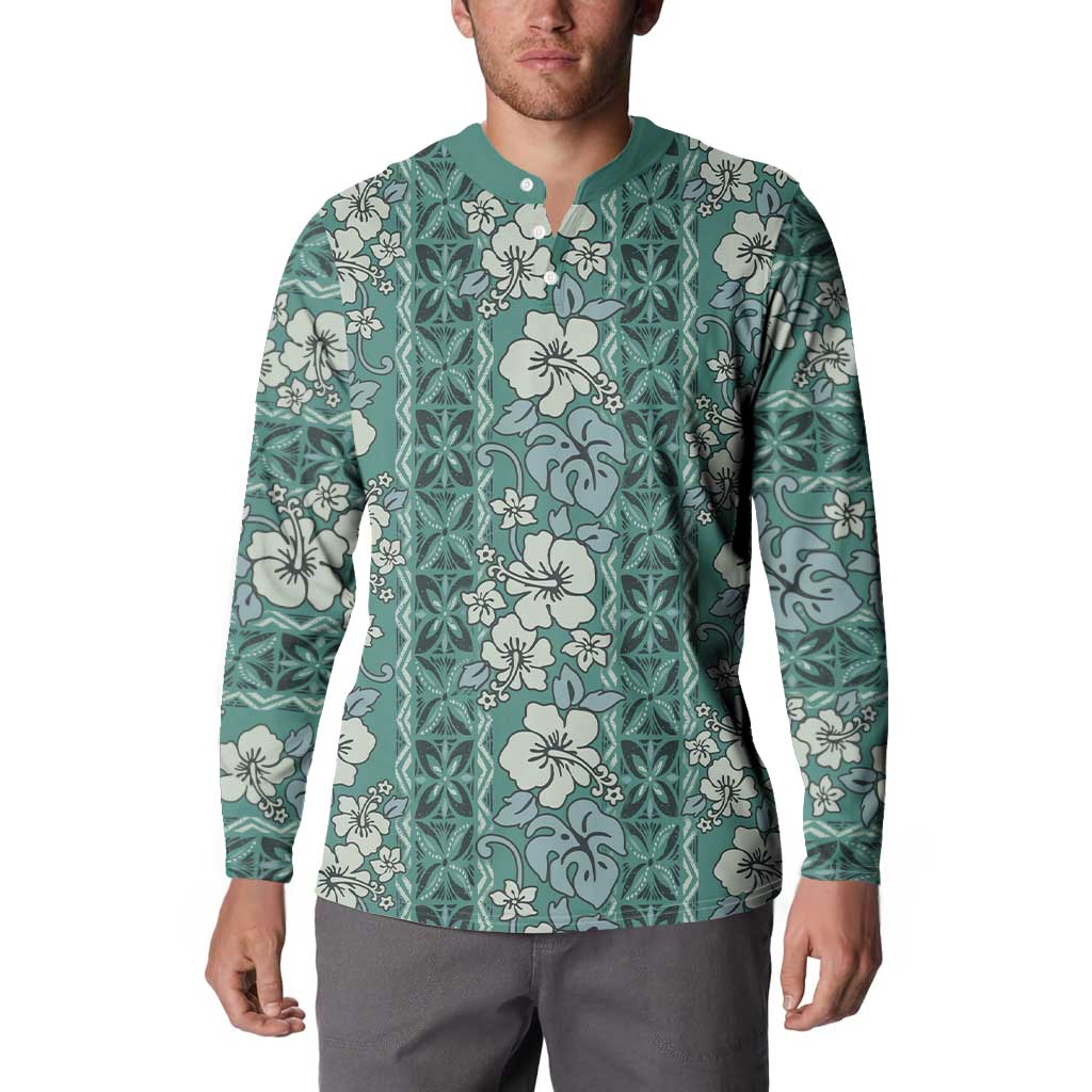 Hawaii Vintage Green Hibiscus Tapa Pattern Button Sweatshirt