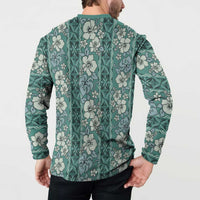 Hawaii Vintage Green Hibiscus Tapa Pattern Button Sweatshirt
