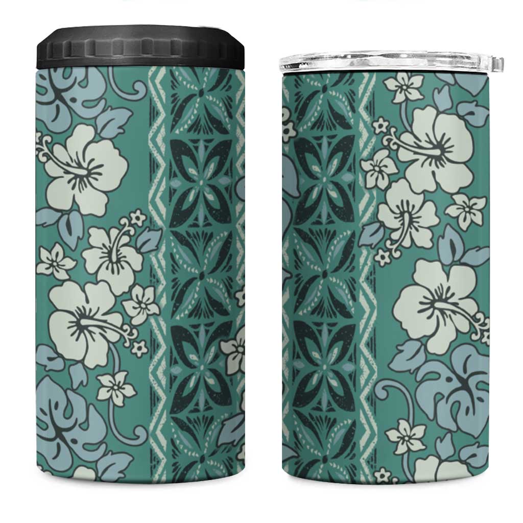 Hawaii Vintage Green Hibiscus Tapa Pattern 4 in 1 Can Cooler Tumbler