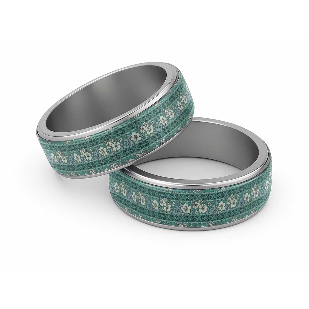 Hawaii Vintage Green Hibiscus Tapa Pattern Classic Ring - Polynesian Pride