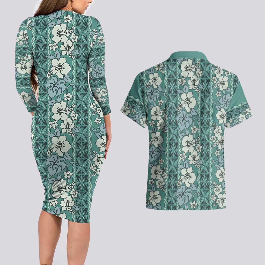 Hawaii Vintage Green Hibiscus Tapa Pattern Couples Matching Long Sleeve Bodycon Dress and Hawaiian Shirt