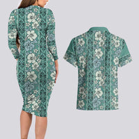 Hawaii Vintage Green Hibiscus Tapa Pattern Couples Matching Long Sleeve Bodycon Dress and Hawaiian Shirt
