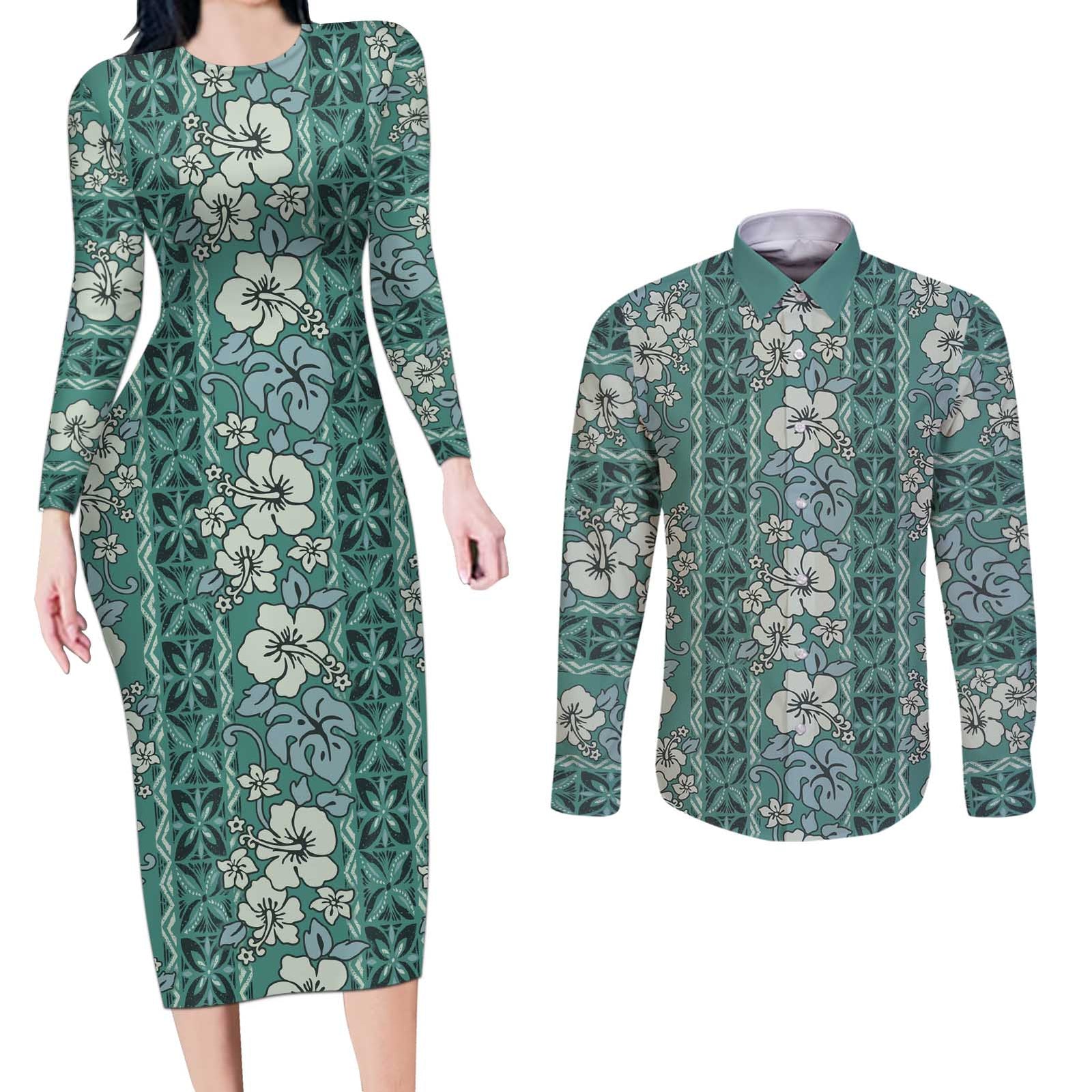 Hawaii Vintage Green Hibiscus Tapa Pattern Couples Matching Long Sleeve Bodycon Dress and Long Sleeve Button Shirt LT05 Green - Polynesian Pride