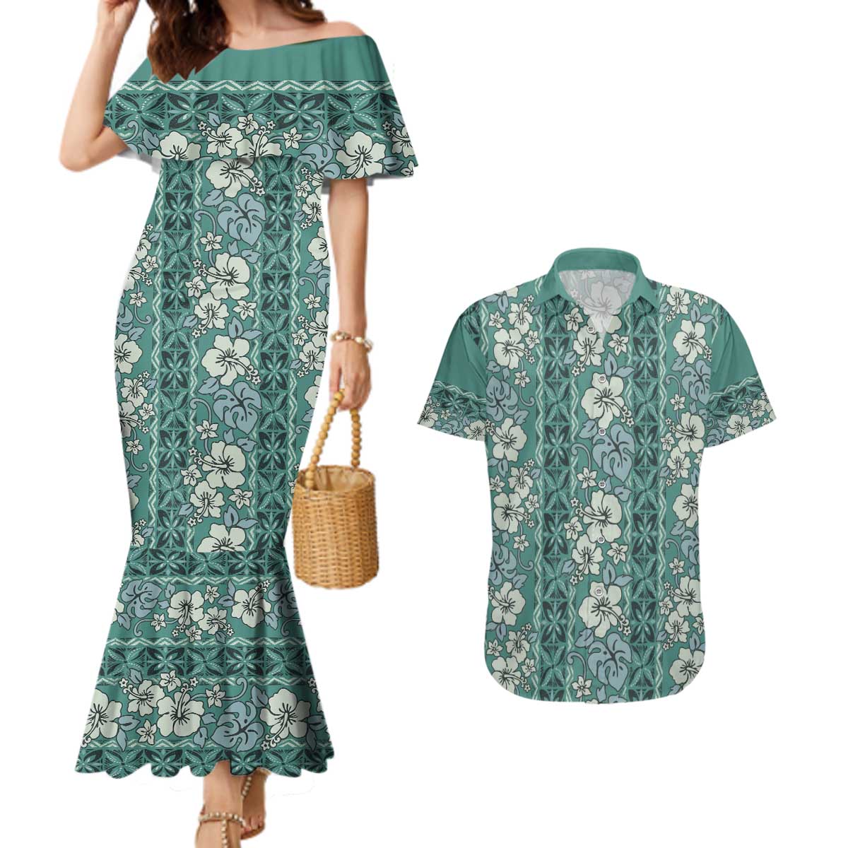 Hawaii Vintage Green Hibiscus Tapa Pattern Couples Matching Mermaid Dress and Hawaiian Shirt LT05 Green - Polynesian Pride