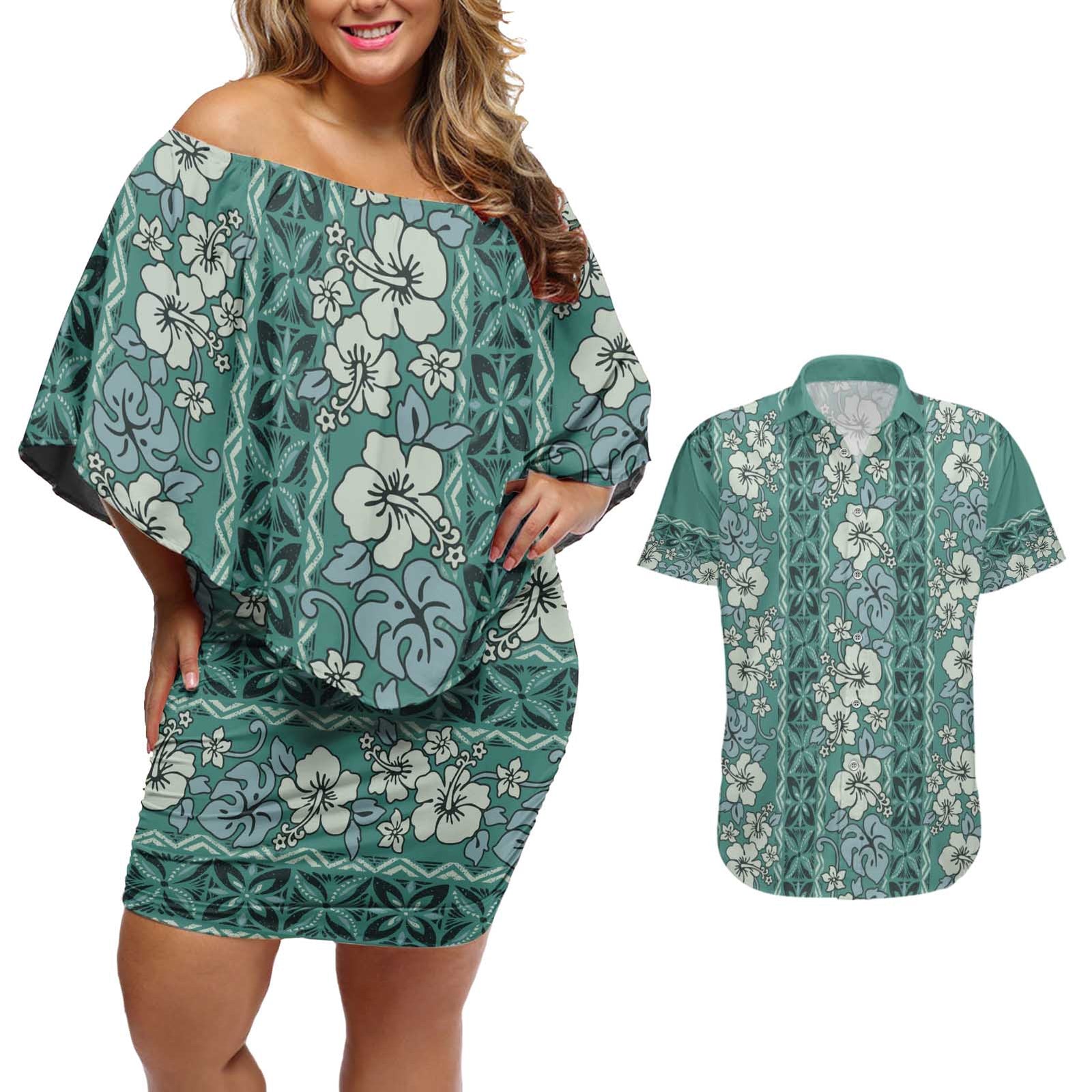Hawaii Vintage Green Hibiscus Tapa Pattern Couples Matching Off Shoulder Short Dress and Hawaiian Shirt LT05 Green - Polynesian Pride