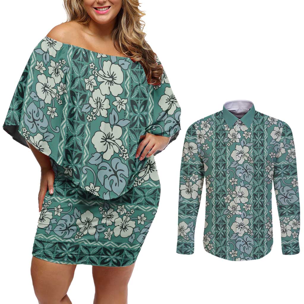 Hawaii Vintage Green Hibiscus Tapa Pattern Couples Matching Off Shoulder Short Dress and Long Sleeve Button Shirt LT05 Green - Polynesian Pride