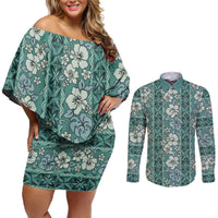 Hawaii Vintage Green Hibiscus Tapa Pattern Couples Matching Off Shoulder Short Dress and Long Sleeve Button Shirt