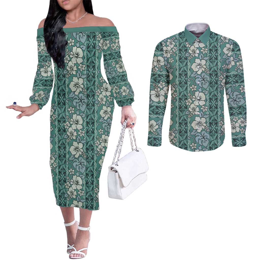 Hawaii Vintage Green Hibiscus Tapa Pattern Couples Matching Off The Shoulder Long Sleeve Dress and Long Sleeve Button Shirt LT05 Green - Polynesian Pride
