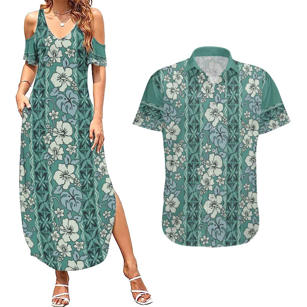 Hawaii Vintage Green Hibiscus Tapa Pattern Couples Matching Summer Maxi Dress and Hawaiian Shirt LT05 Green - Polynesian Pride