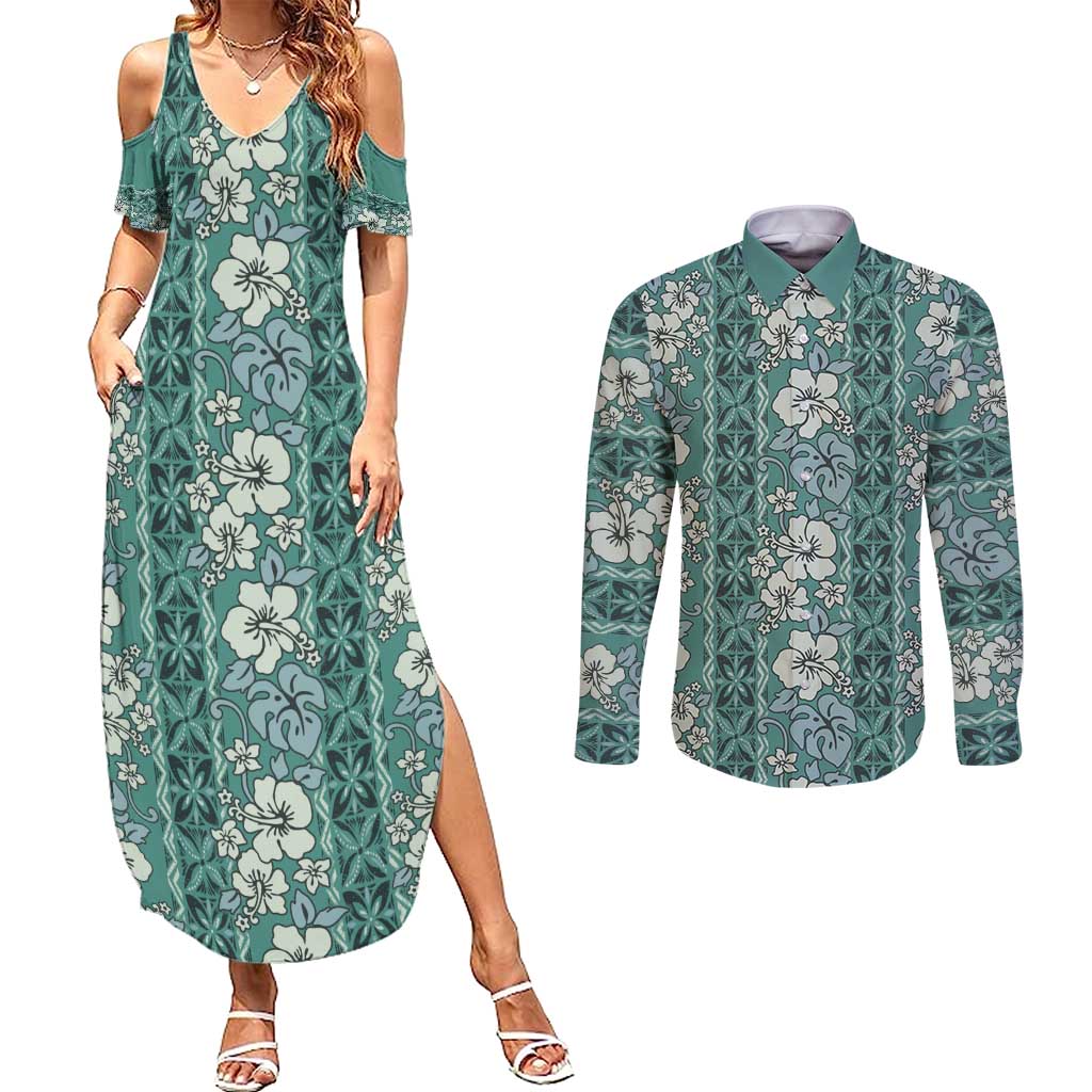 Hawaii Vintage Green Hibiscus Tapa Pattern Couples Matching Summer Maxi Dress and Long Sleeve Button Shirt LT05 Green - Polynesian Pride