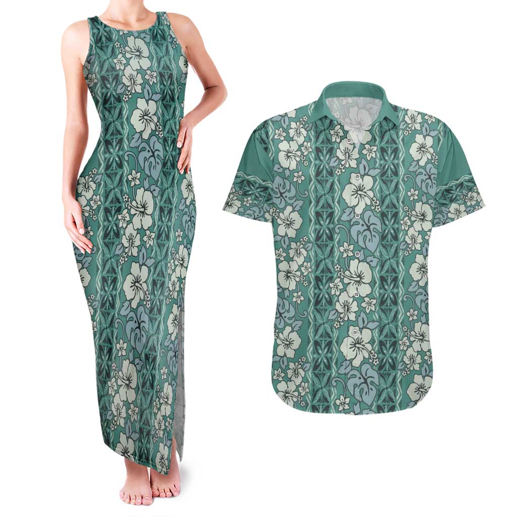 Hawaii Vintage Green Hibiscus Tapa Pattern Couples Matching Tank Maxi Dress and Hawaiian Shirt