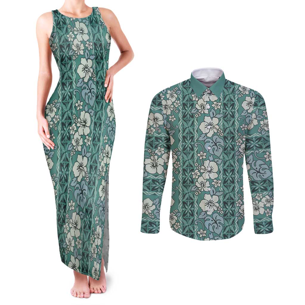 Hawaii Vintage Green Hibiscus Tapa Pattern Couples Matching Tank Maxi Dress and Long Sleeve Button Shirt LT05 Green - Polynesian Pride