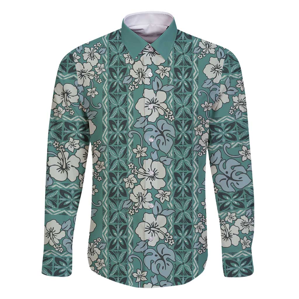 Hawaii Vintage Green Hibiscus Tapa Pattern Family Matching Long Sleeve Bodycon Dress and Hawaiian Shirt