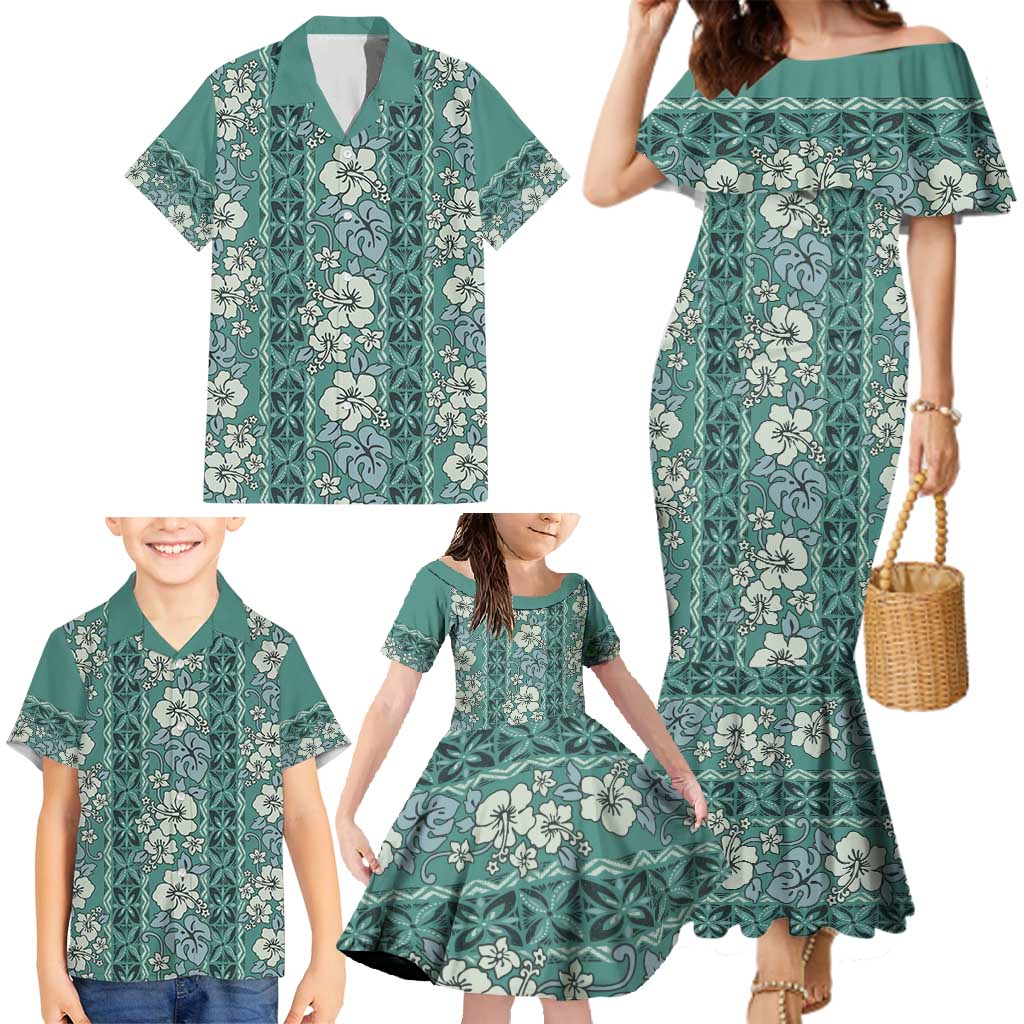 Hawaii Vintage Green Hibiscus Tapa Pattern Family Matching Mermaid Dress and Hawaiian Shirt LT05 - Polynesian Pride