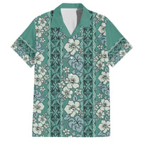Hawaii Vintage Green Hibiscus Tapa Pattern Family Matching Off The Shoulder Long Sleeve Dress and Hawaiian Shirt