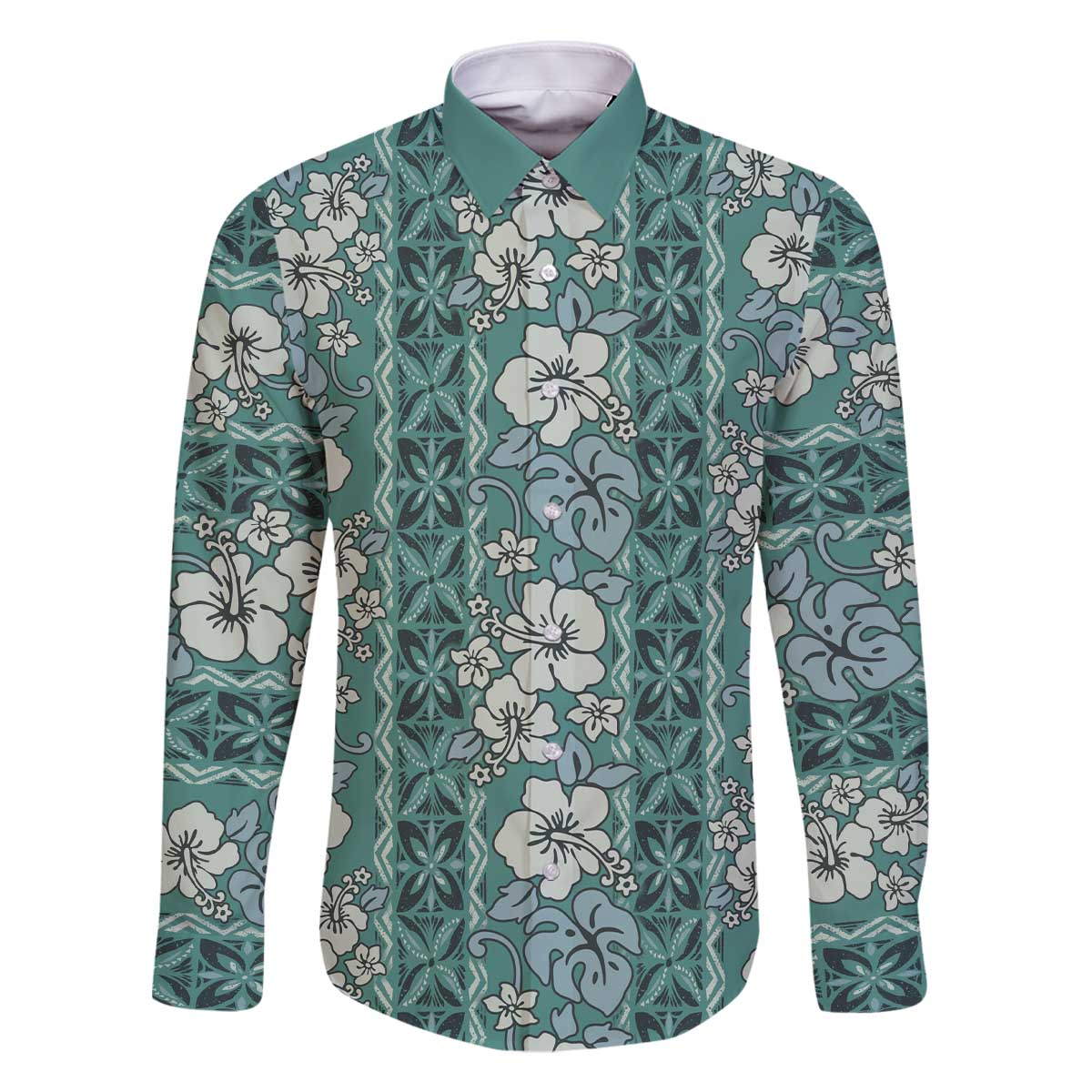 Hawaii Vintage Green Hibiscus Tapa Pattern Family Matching Off The Shoulder Long Sleeve Dress and Hawaiian Shirt