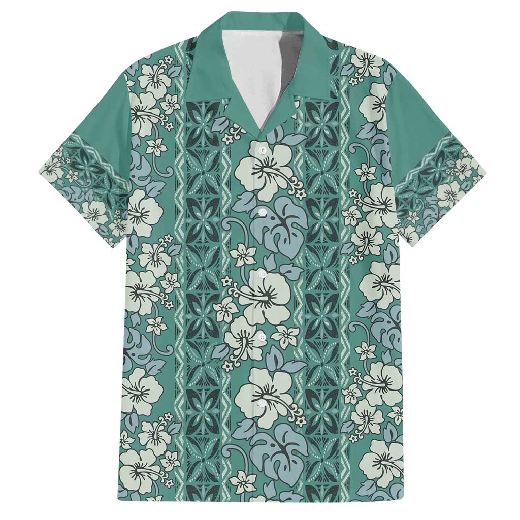 Hawaii Vintage Green Hibiscus Tapa Pattern Family Matching Off Shoulder Maxi Dress and Hawaiian Shirt