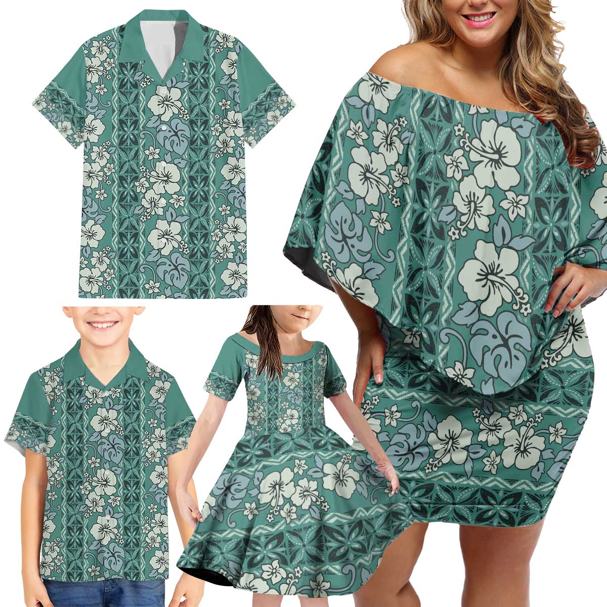 Hawaii Vintage Green Hibiscus Tapa Pattern Family Matching Off Shoulder Short Dress and Hawaiian Shirt LT05 - Polynesian Pride